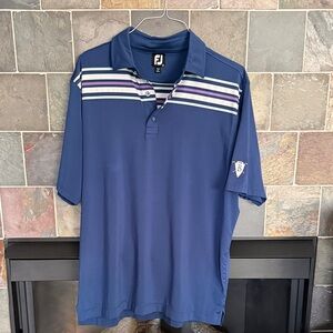 FootJoy Blue Polo with White and Light Purple Chest Stripes Golf Polo